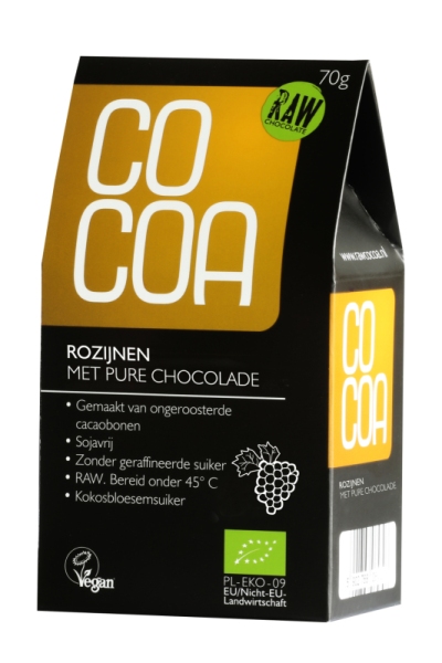 Foto van Cocoa rozijnen pure chocolade raw 70gr via drogist