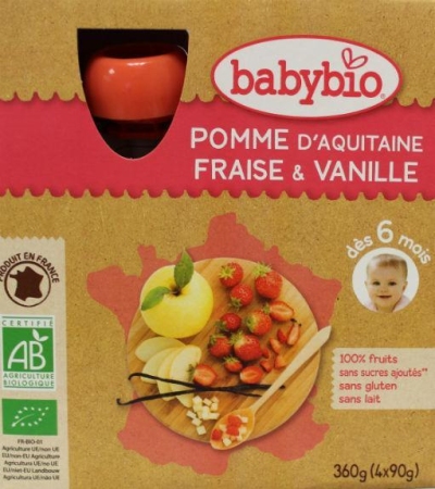 Foto van Babybio vruchtenmoes appel aardbei vanille 90 gram 4x90g via drogist