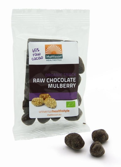 Foto van Mattisson mulberries snack raw puur chocolade 35g via drogist