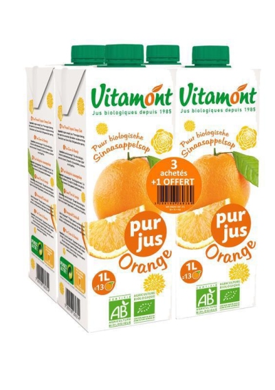 Foto van Vitamont pure sinaasappel sap 1000 ml 3 + 1 bio 3+1 via drogist