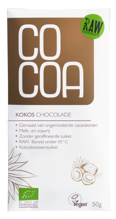 Foto van Cocoa reep raw chocolade kokos 50gr via drogist