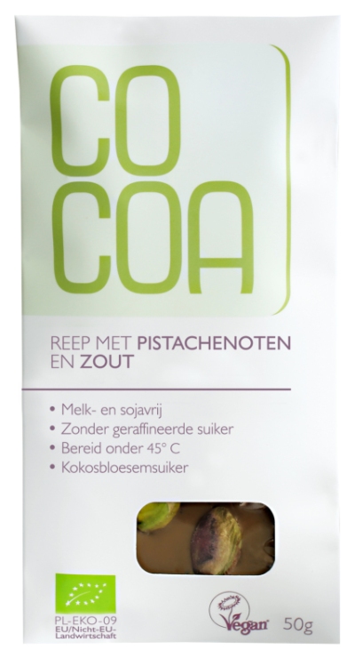 Foto van Cocoa reep chocolade pistache zout raw 50gr via drogist