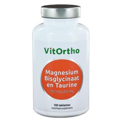 Foto van Vitortho magnesium bisglycinaat 100 mg & taurine 200 mg 100tab via drogist