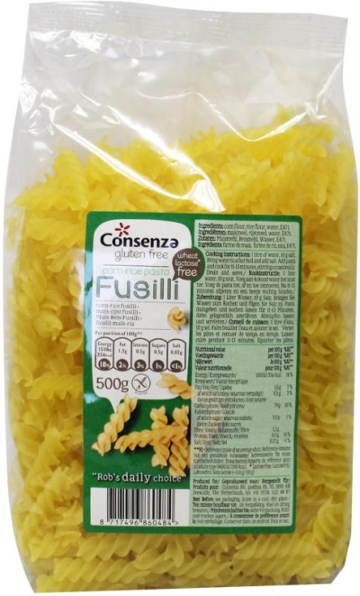 Foto van Consenza mais/rijst fusilli 500g via drogist